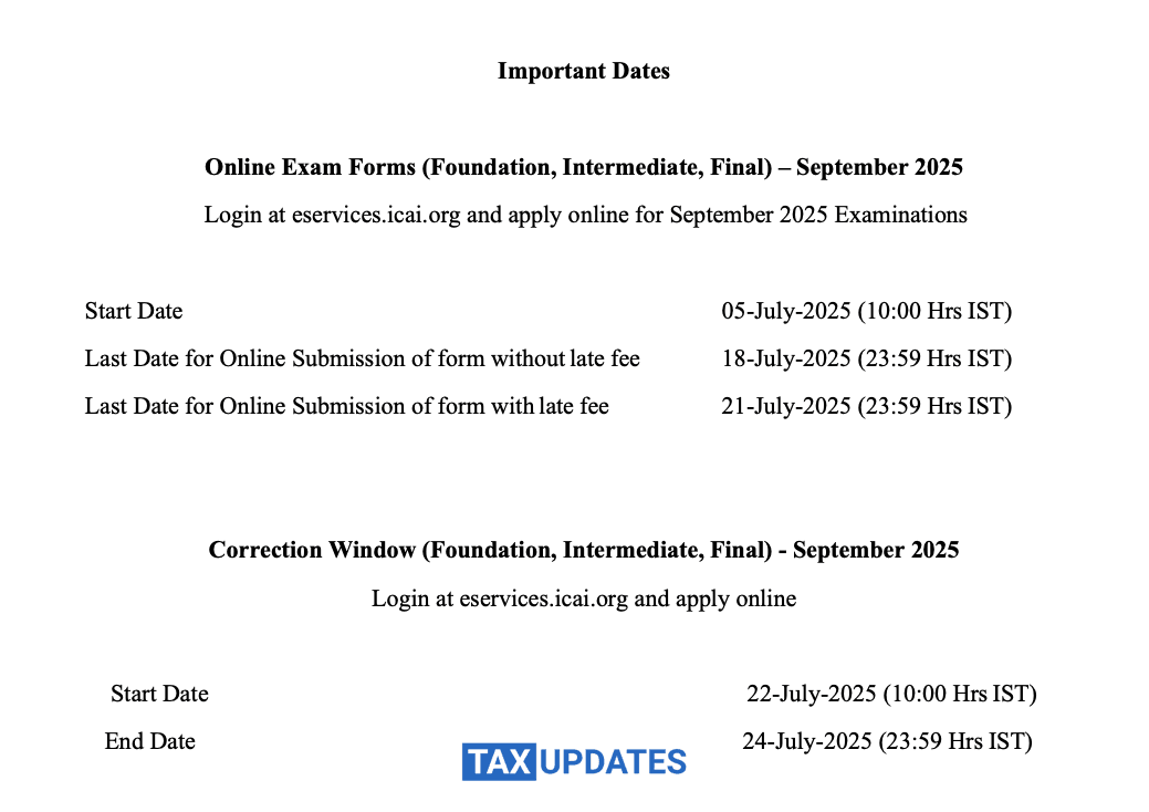 CA Foundation, Inter & Final Exams Registration Due Dates September 2025